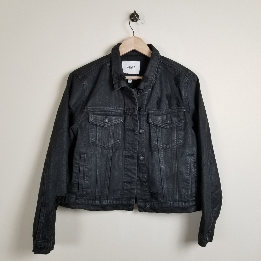 Vervet Black Coated Cropped Denim Jacket Medium NWOT